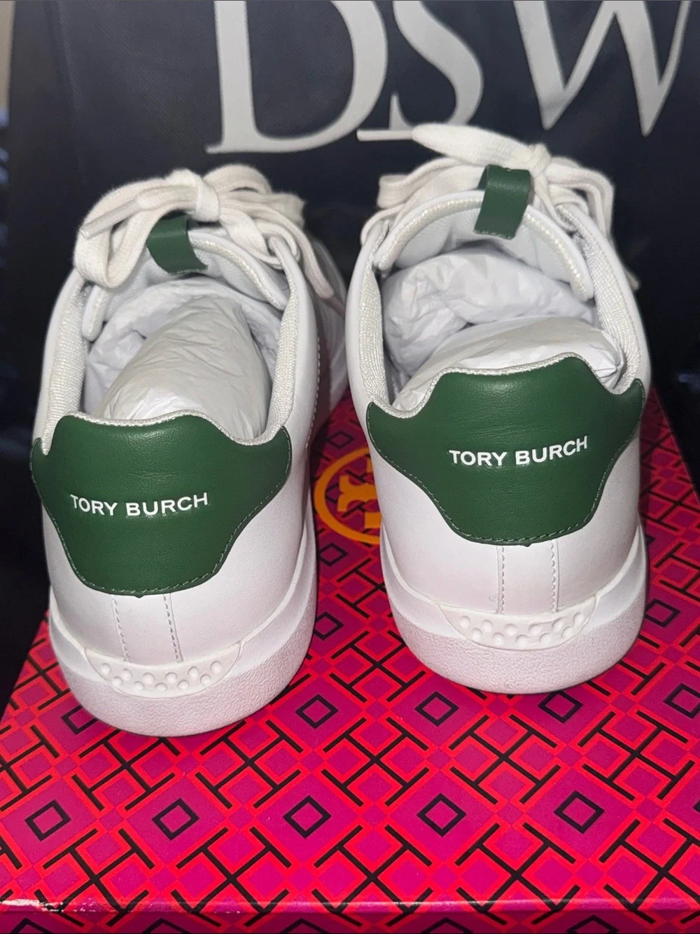 Tory Burch White Leather Sneakers with Green Heel Patch
